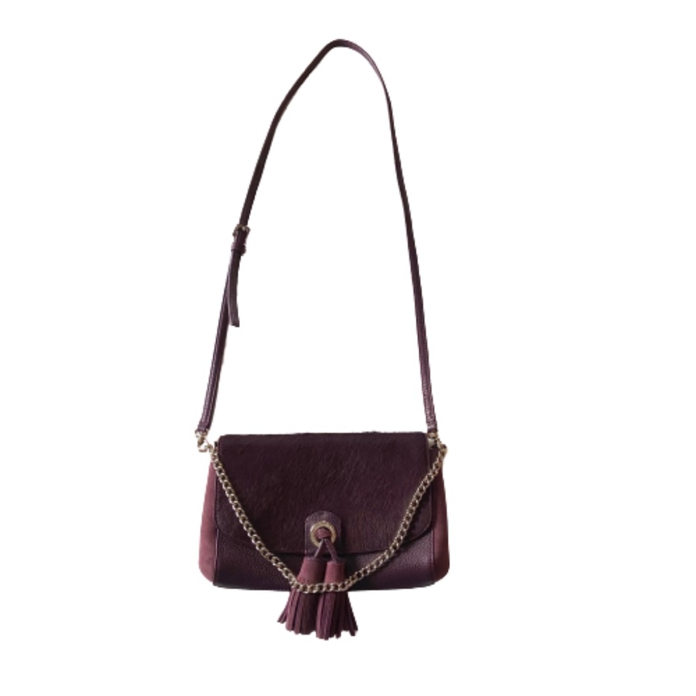 KATE SPADE Burgundy Calf Hair Leather Crossbody with Gold Chain